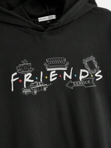 FRIENDS X SHEIN Men's Casual Letter Printed Dropped Shoulder Drawstring Hooded Sweatshirt, Spring And Autumn, Long Sleeve Top