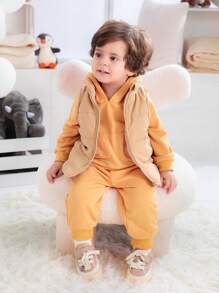 SHEIN 3pcs Set Baby Boys Casual All-Match Warm Vest, Hoodie Sweatshirt And Pants Outfit For Fall, Winter And Spring - Khaki - View 5