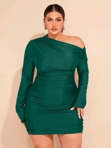 SHEIN BAE Đầm ôm sát tay dài cổ bất đối xứng cỡ lớn cho nữ - Màu xanh lá cây đậm - Xem 1