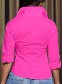 Chiquease 女士纯色衬衫领长袖纽扣前口袋简约休闲上衣