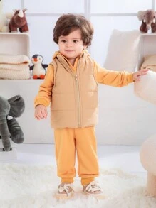 SHEIN 3pcs Set Baby Boys Casual All-Match Warm Vest, Hoodie Sweatshirt And Pants Outfit For Fall, Winter And Spring - Khaki - View 6