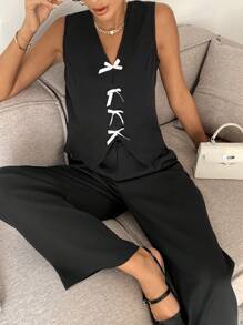 SHEIN Frenchy Quần cạp chun màu tương phản thường ngày dành cho nữ - Xám - Xem 5