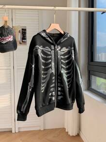 SHEIN EZwear Women's Loose Hooded Zip-Up Long Sleeve Rhinestone Skeleton Pattern Sweatshirt, Spring/Fall - Black - View 5