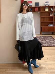 DAZY Áo thun nữ cổ tròn tay dài in họa tiết dáng rộng, chất liệu mỏng, quần áo mùa thu - trắng - Xem 4