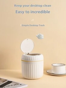 1 pieza Mini papelera de escritorio, papelera de plástico con tapa para escritorio, cubo de basura pequeño de 16,5 cm de alto para encimera, barra de café, cocina, baño, hogar, proveedores de artículos del hogar, regalo navideño - Blanco - Ver 2