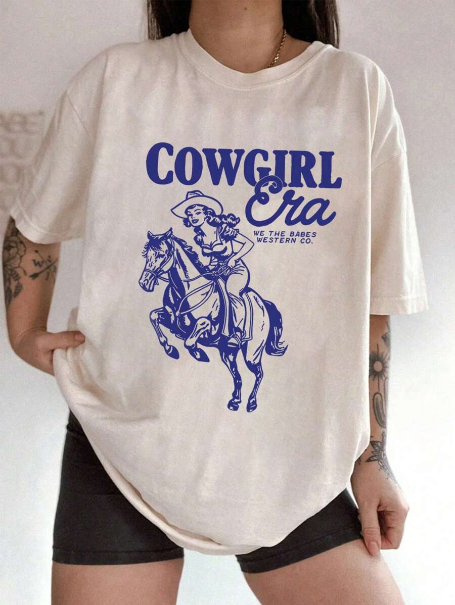 INAWLY 女式夏季宽松休闲 T 恤，带口号和人物印花，圆领和落肩图案 T 恤女式上衣 - 白色 - 查看 1