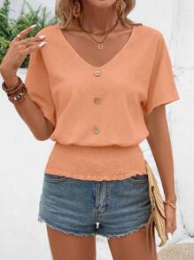 EMERY ROSE 女士纯色正面纽扣褶皱简约夏季短袖上衣 - 橘色 - 查看 5