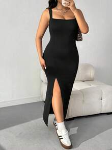 CovetEZ Vestido largo negro tejido con cuello cuadrado y abertura, talla grande - Negro - Ver 5