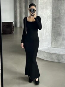 DAZY Women's Mid-Length Square Neck Long Sleeve Bodycon Slim Fit Dress - Black - View 2