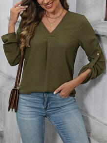 EMERY ROSE Women Going Out Top, Long Sleeve Top, Fall Winter Business Long Sleeve Renaissance Fair Brunch Top - Army Green - View 6