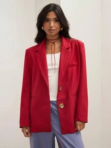 COSMINA 女式秋季红色翻领长袖前扣休闲西装外套 - 紅色 - 查看 1