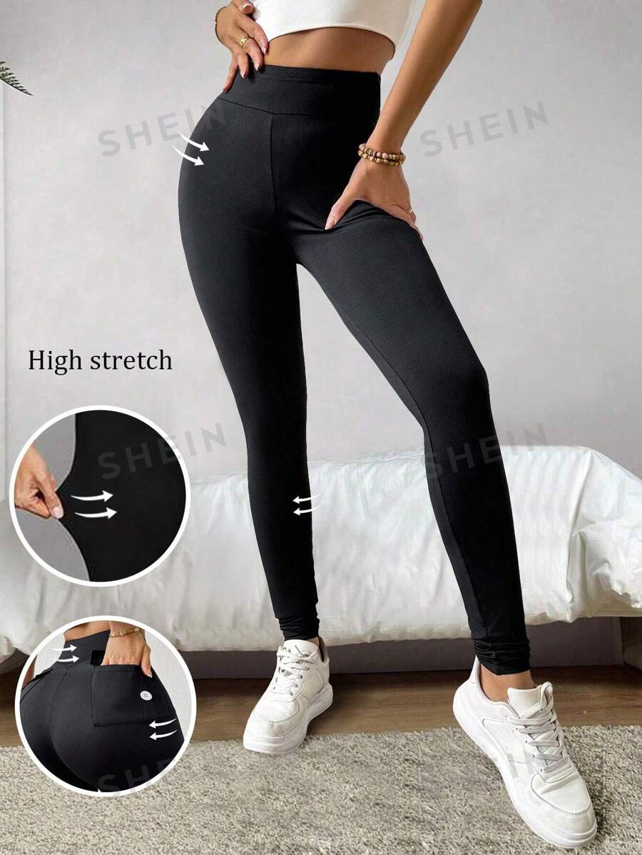 SHEIN Unity Mallas con cintura con botones de contraste de color para dar forma, uso casual de todos los días - Negro - Ver 1