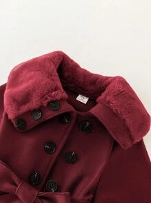 Elladie kids Young Girl Apricot Long Sleeve Double-Breasted Spliced Detail Belted Mid-Length Overcoat, Suitable For Ladylike Style In Autumn And Winter