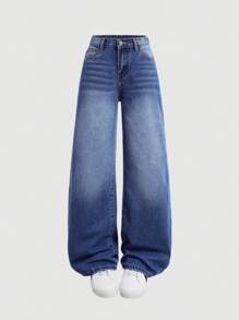 SHEIN Girlism Tween Girl Y2K Pantaloni casual din denim, cu buzunare și picioare largi, haine de toamnă pentru fete Tween, ținute de blugi pentru întoarcere la școală