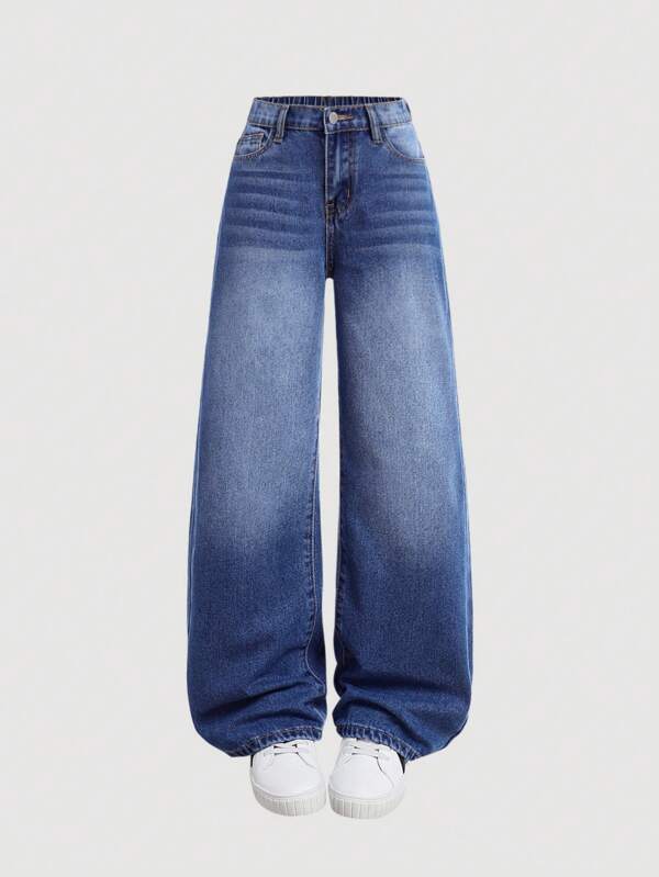 SHEIN Girlism Pantalones vaqueros holgados de estilo casual con bolsillos y perneras anchas para niñas preadolescentes, atuendos con jeans de regreso a la escuela para niñas preadolescentes en otoño