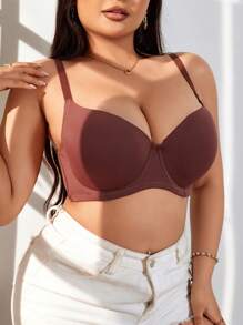 大码女士纯色舒适胸罩和无钢圈胸罩 - 棕色 - 查看 4