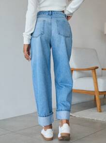 EURMUSE 100% Cotton Fold Up Denim Wide Leg Jeans - Light Wash - View 2