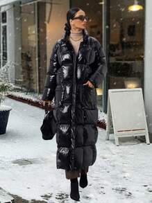 RueChic OVERSIZED SQUARE QUILT DETAIL MAXI PUFFER JACKET - Black - View 4