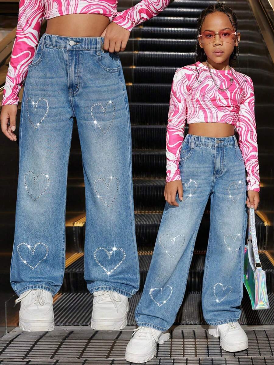 SHEIN Explorewe Jeans vaqueros de alta calidad con lavado y aplicaciones de corazones para niña preadolescente - Azul - Ver 1