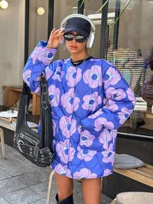 EURMUSE Fashionable All Over Floral Frinted Quilting Jacket - Multicolor - View 3