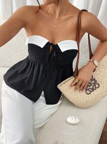 SHEIN Frenchy Women Contrast Color Patchwork Front Tie Ruched Bandeau Casual Top Summer - Black and White - View 4