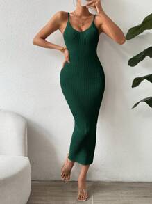 SHEIN Clasi 纯色修身吊带针织连衣裙，春秋 - 墨綠色 - 查看 6