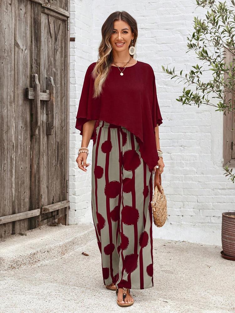 2pcs Women's Solid Color Crew Neck Asymmetrical Hem Blouse And Allover Print Pants Set, Summer