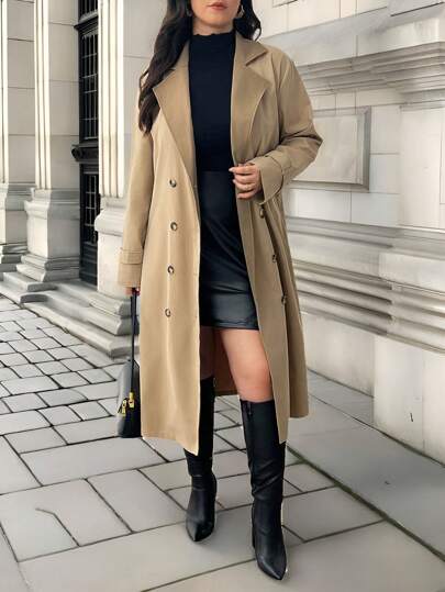 SHEIN Frenchy 大码秋装，秋装，女士秋装，纯色翻领双排扣休闲风衣，秋季