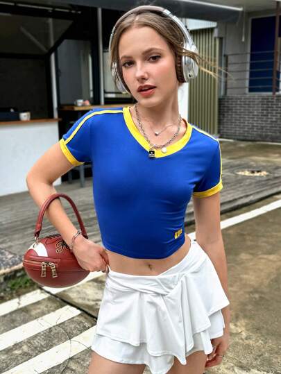SHEIN ICON 女士夏季休閒V領邊縫短袖T恤