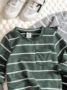 SHEIN Vintaside Kids 3 件装男婴休闲经典条纹柔软针织长袖百搭圆领上衣，适合外出、家居服和分层穿着，秋冬季 - 彩色 - 查看 5