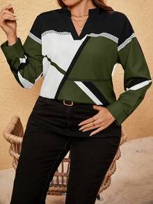 SHEIN LUNE 大码女式春夏拼色 V 领长袖优雅衬衫 - 軍綠色 - 查看 5