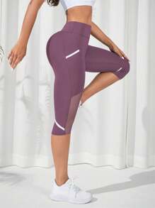 Easithlete Contrast Mesh Insert Wide Waistband Contrast Binding Capri Sports Leggings Yoga Women Pants - Purple - View 3
