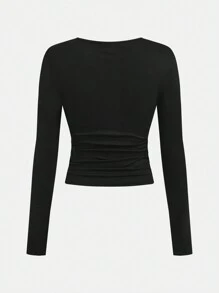 SHEIN Girlism Juego de 3 piezas de camisetas de manga larga casuales de unicolor con cuello redondo fruncido para adolescentes