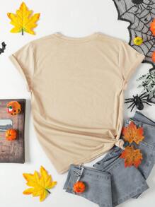 INAWLY Women Pumpkin Ghost Print Round Neck Short Sleeve T-Shirt - Khaki - View 2