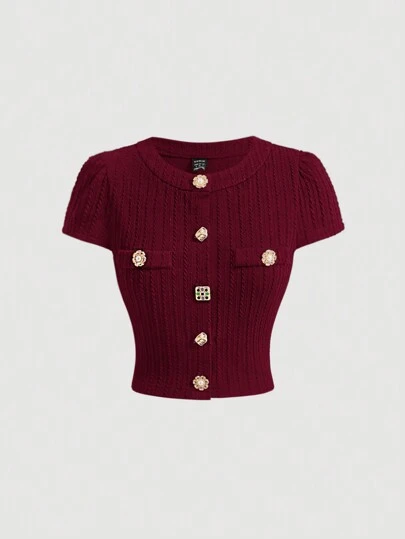 SHEIN MOD Black Metal Button Short Sleeve T-Shirt,Back To School Clothes,Fall Women T Shirt,Black Top,Teacher Shirts,Women Vintage Clothes,Fitted Shirt,90s Fashion,School Clothes,Going Out Clothes,Preppy Women T-Shirt,Fall Women Outfits,First Day Of School,School Clothes,Office Wear,Cute Tops School,Preppy Tops