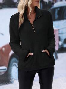 SHEIN LUNE Women's Zipper Pocket Plush Pullover Sweatshirt,Winter Coat,Winter Women Clothes,Thermal,Long Sleeve Tops Graduation,Back To School Outfits,Graduation,Teacher Outfits For Women,Back To School  Fall Outfit - Black - View 3