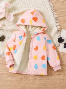 Girls Heart Pattern Hooded Lined Mid-Length Jacket, Fall/Winter Outerwear - Pink - View 1