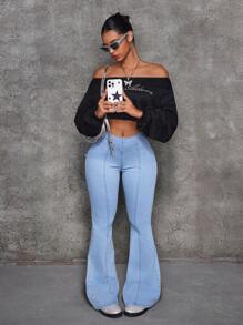 SHEIN EZwear Quần Jeans Denim Túi Khóa Kéo Thường Ngày Cho Nữ - Màu xanh lam - Xem 3