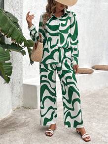 Breezaya Women's Wave Print Shirt Top And Wide Leg Pants Casual Set