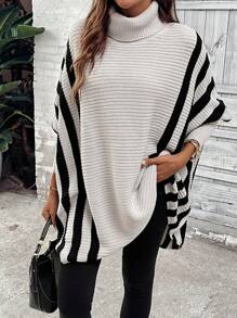 Chiquease Áo len nữ mùa thu/đông cổ cao kẻ sọc tay cánh dơi dáng rộng thoải mái, áo len chui đầu mùa thu - Xám - Xem 5