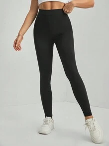 SHEIN Tall 纯色休闲运动针织紧身女式打底裤 - 黑色 - 查看 7