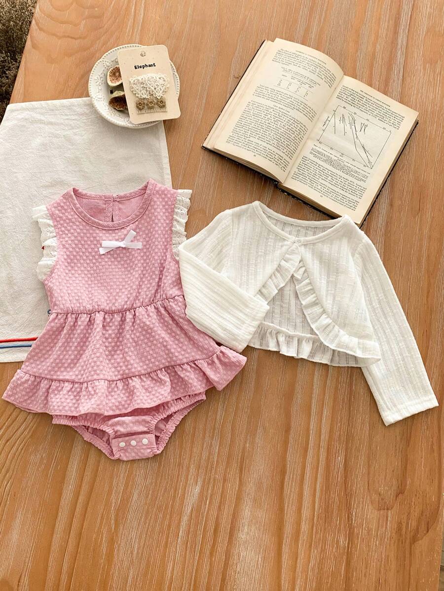 SHEIN 2 件套女婴冬季粉色连体衣和白色夹克套装，休闲日常公主套装，秋装 - 彩色 - 查看 1