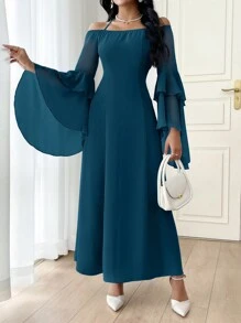 Modelyn 女士纯色露肩系带前喇叭袖长款优雅连衣裙，春夏长款晚礼服 - 水鴨藍 - 查看 3
