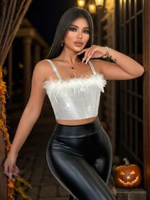 Zolique 女士夏季时尚毛皮拼接水钻露背短款吊带背心 - 銀色 - 查看 8