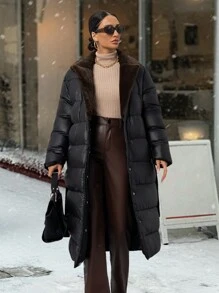 RueChic 优雅系腰带长款夹棉大衣，带毛领，女士冬装