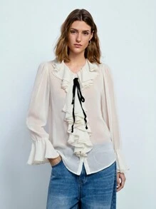Maija Blusa elegante feminina de verão com patchwork e babados - Branco - Ver 2