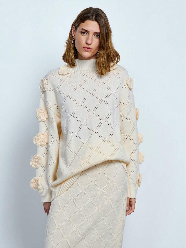 SHEIN Maija Women's Solid Color Stand Collar Long Sleeve 3D Floral Decor Casual Sweater