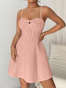 Calvaya Vestido informal de tirantes de espagueti con volantes y lazo en la parte delantera, unicolor, de verano, para mujer