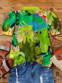 Breezaya 女士花卉印花泡泡袖休闲宽松衬衫，适合度假女士衬衫、短袖上衣 - 綠色 - 查看 2