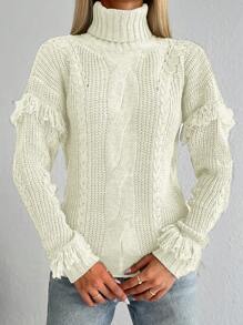Cloudara Turtleneck Fringe Trim Cable Knit Drop Shoulder Sweater - Beige - View 5